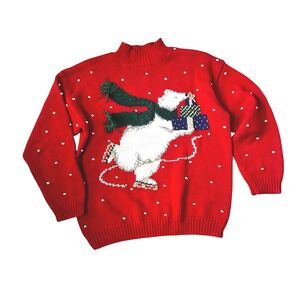 Vintage 1996 Marisa Christina Polar Bear Christmas Sweater Red Mock Neck Medium